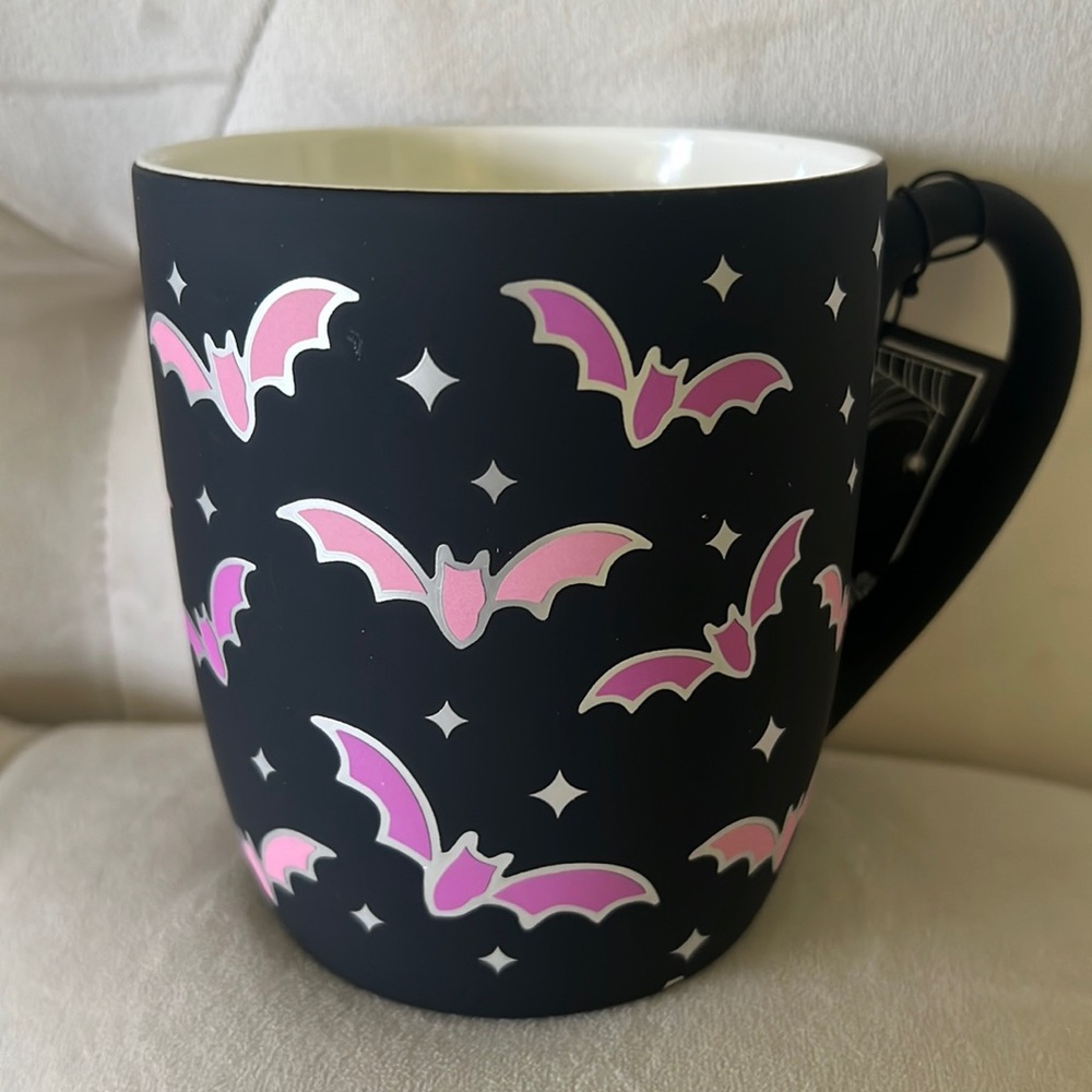 Cobwebs And Cauldrons Purple, Pink And Black Bat Halloween Mug